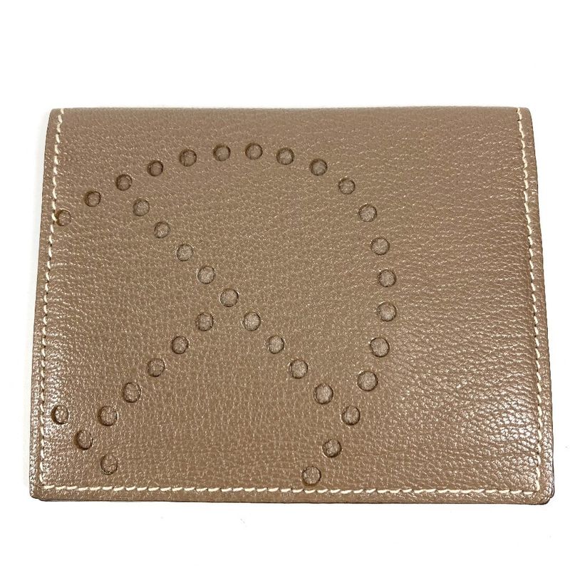 Hermes Card Case Evelyne Logo Perforated Leather Etoupe Beige