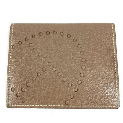 Hermes Card Case Evelyne Logo Perforated Leather Etoupe Beige