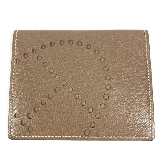 Hermes Card Case Evelyne Logo Perforated Leather Etoupe Beige