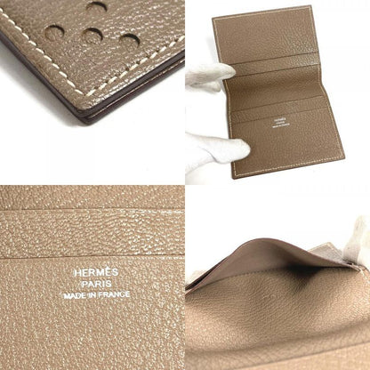 Hermes Card Case Evelyne Logo Perforated Leather Etoupe Beige