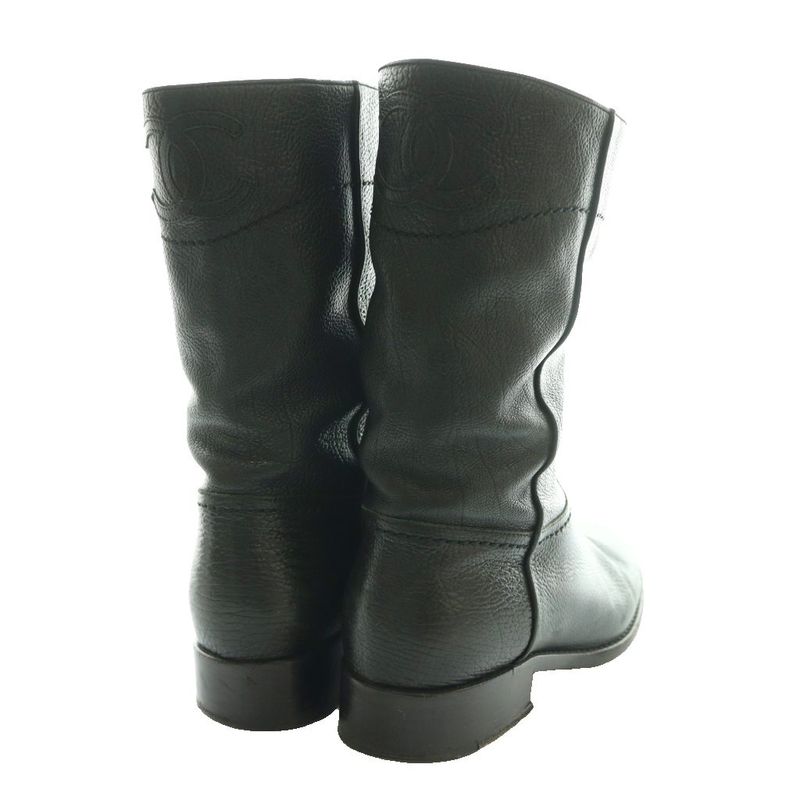 Chanel Leather Middle Boots Short CC Logo 35C Black SS OS