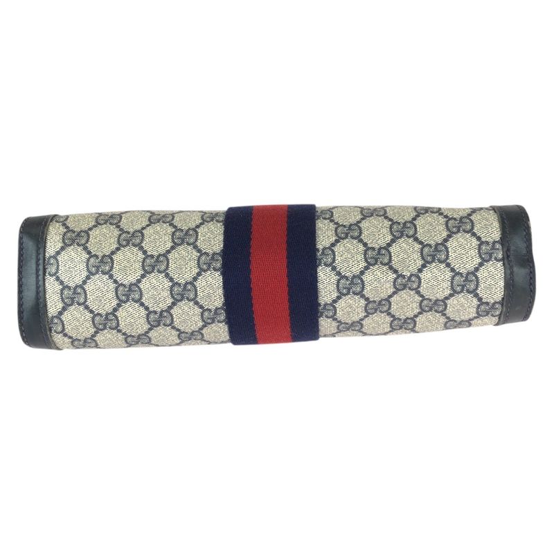 Gucci Vintage Sherry Line Navy Red GG Supreme Canvas Leather Clutch