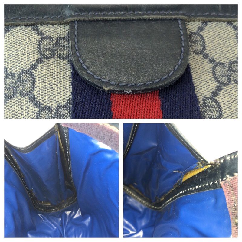Gucci Vintage Sherry Line Navy Red GG Supreme Canvas Leather Clutch