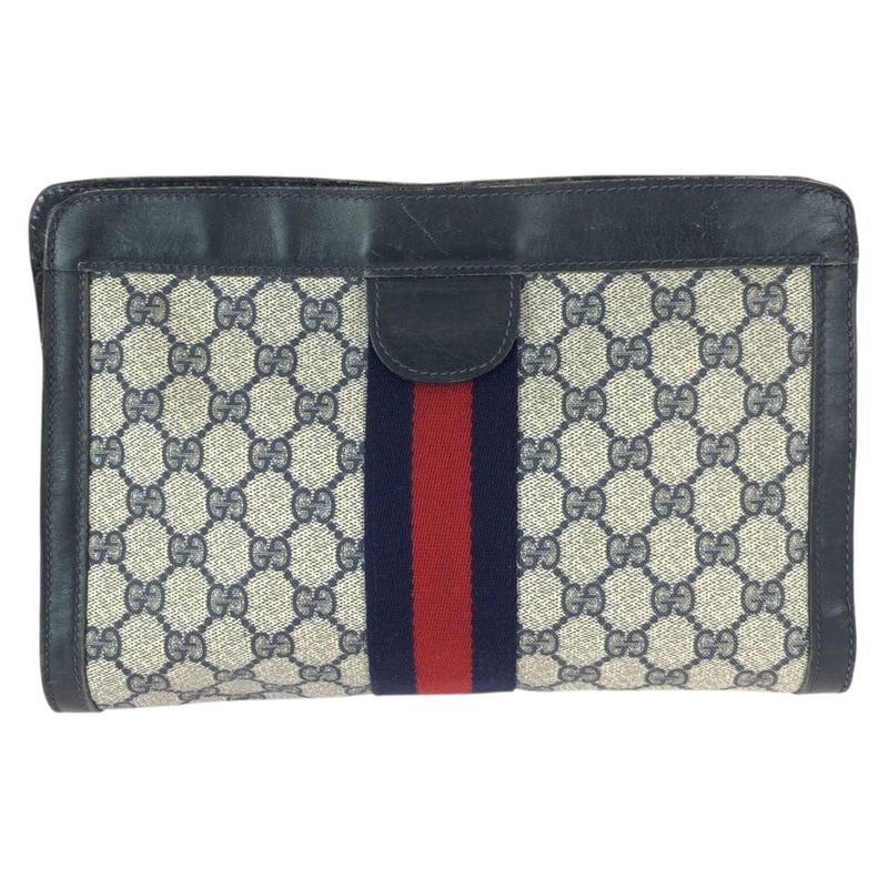 Gucci Vintage Sherry Line Navy Red GG Supreme Canvas Leather Clutch