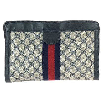 Gucci Vintage Sherry Line Navy Red GG Supreme Canvas Leather Clutch