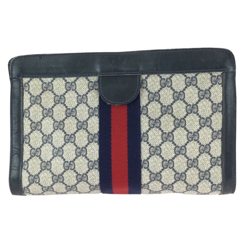 Gucci Vintage Sherry Line Navy Red GG Supreme Canvas Leather Clutch