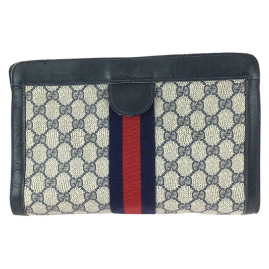 Gucci Vintage Sherry Line Navy Red GG Supreme Canvas Leather Clutch