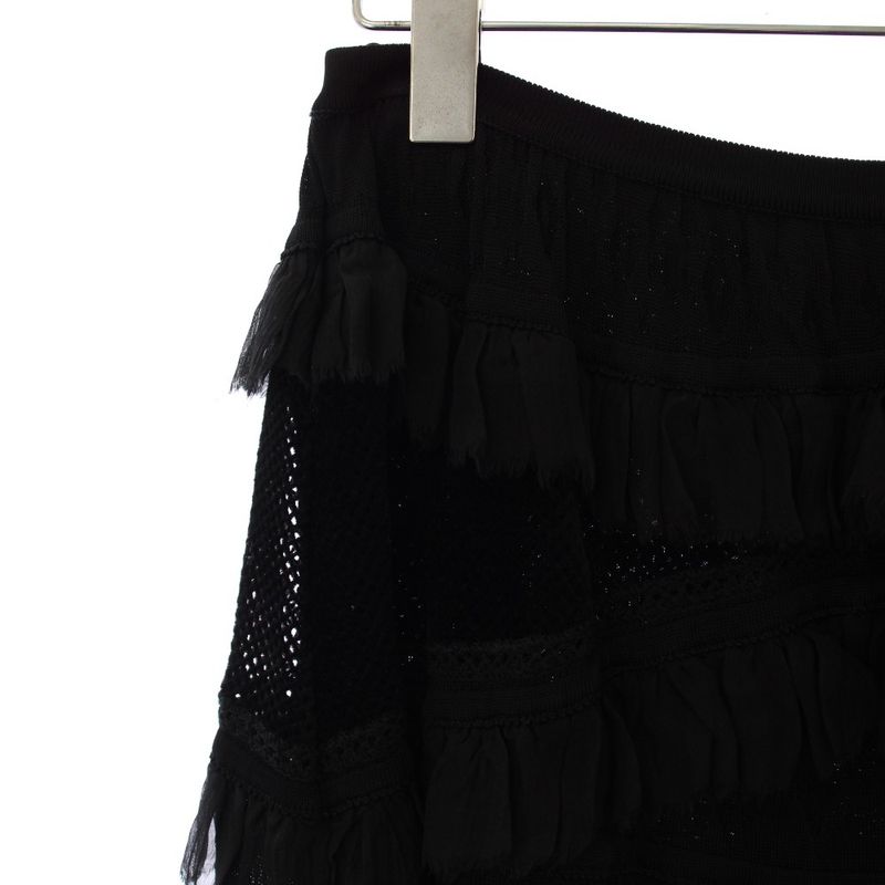 Chanel Easy Knee Length Waist Togo Stretch Ruffle Switch 38 Black BB Skirt