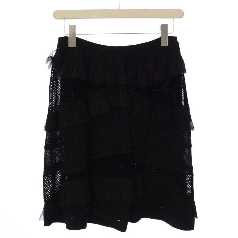 Chanel Easy Knee Length Waist Togo Stretch Ruffle Switch 38 Black BB Skirt
