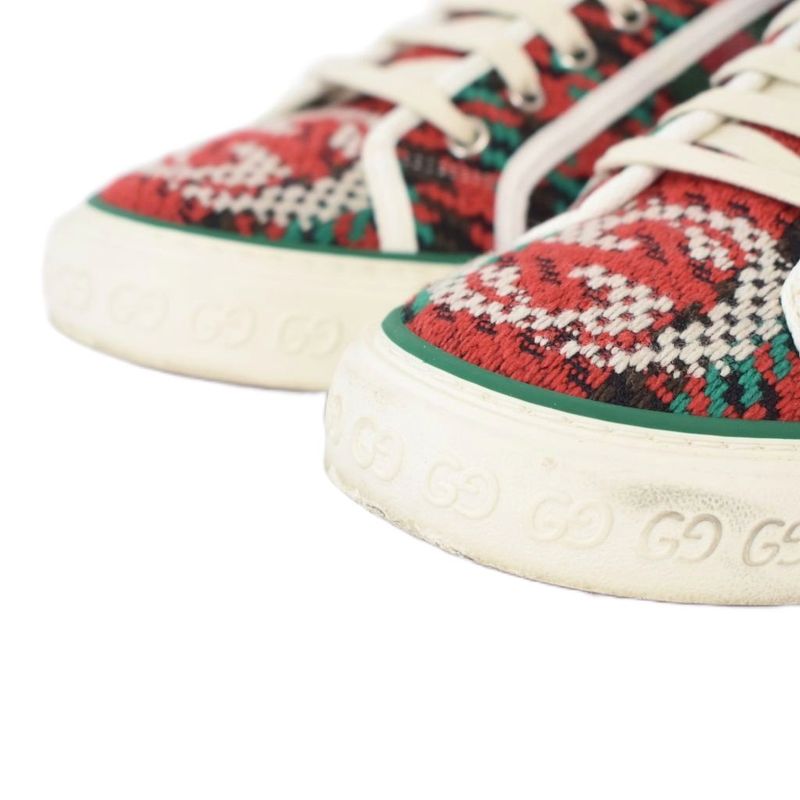 Gucci Tennis GG Logo Sherry Line Houndstooth Knit Canvas Low Cut Sneakers