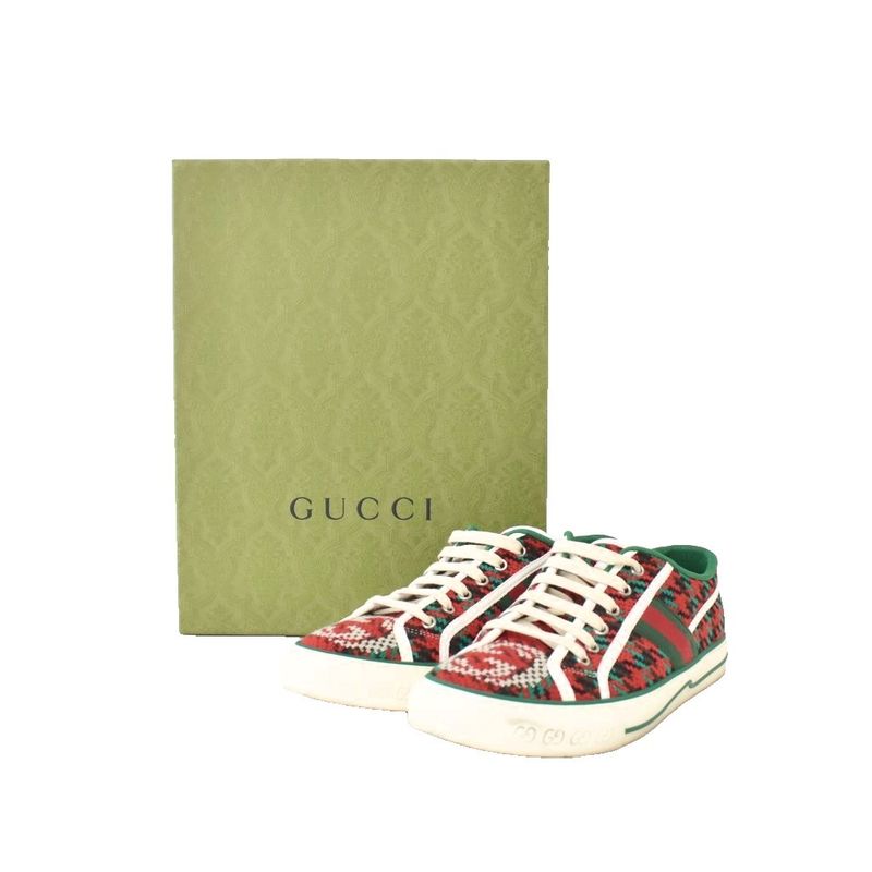 Gucci Tennis GG Logo Sherry Line Houndstooth Knit Canvas Low Cut Sneakers