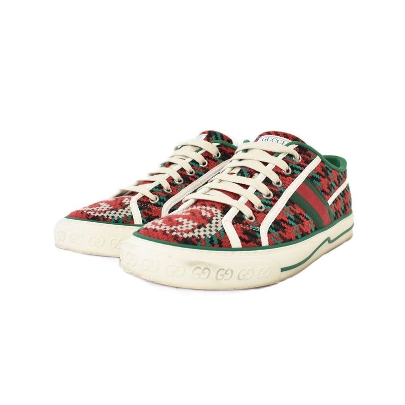 Gucci Tennis GG Logo Sherry Line Houndstooth Knit Canvas Low Cut Sneakers