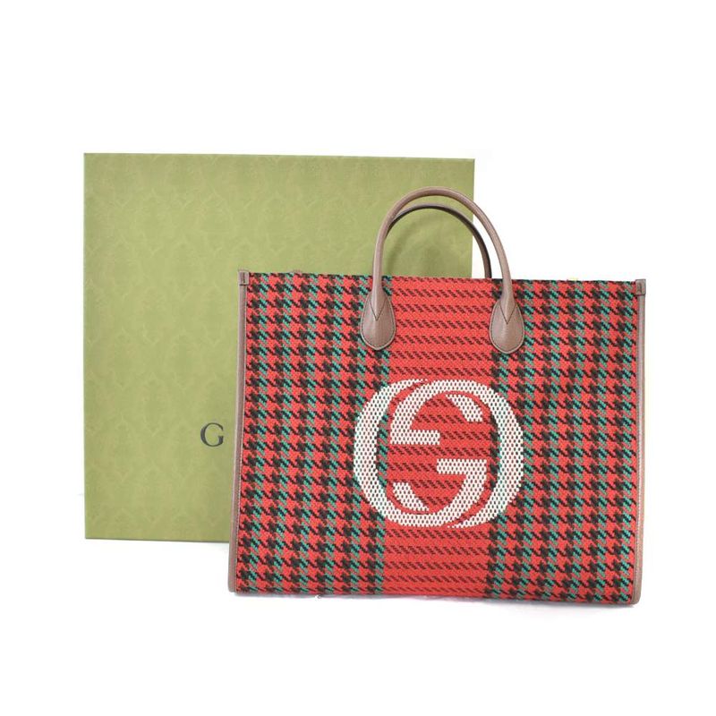 Gucci Interlocking Houndstooth Tweed Tote Shoulder Bag Red