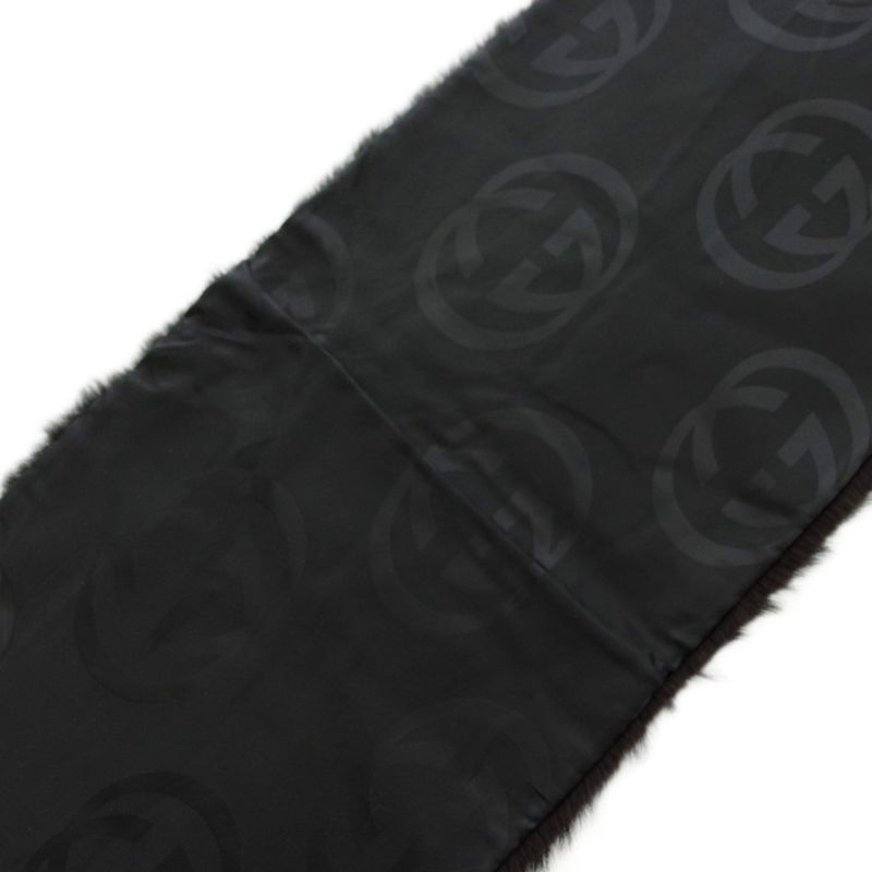 Gucci Tippet Scarf Shawl Fur Beaver Silk Fringe Black