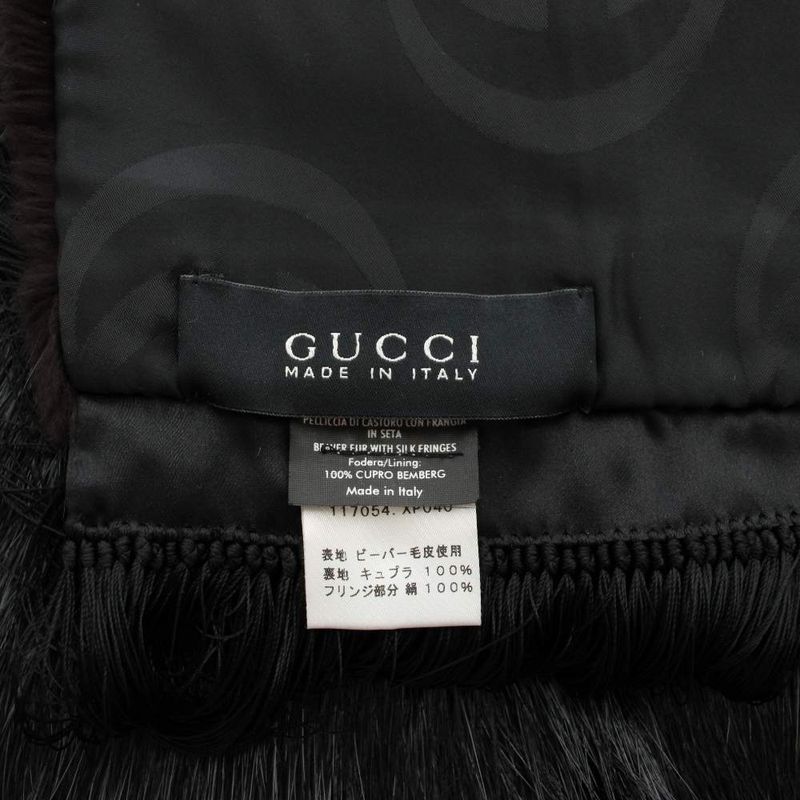 Gucci Tippet Scarf Shawl Fur Beaver Silk Fringe Black