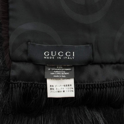 Gucci Tippet Scarf Shawl Fur Beaver Silk Fringe Black