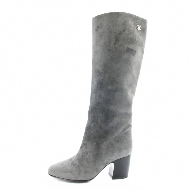 Chanel Long Boots Suede Round Toe Chunky Heel CC Logo 35.5