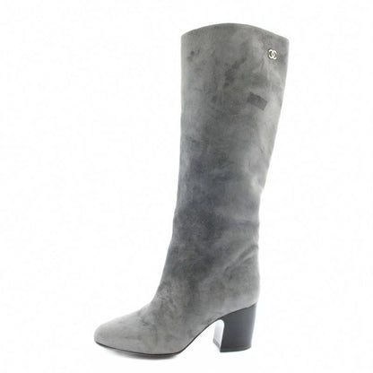 Chanel Long Boots Suede Round Toe Chunky Heel CC Logo 35.5