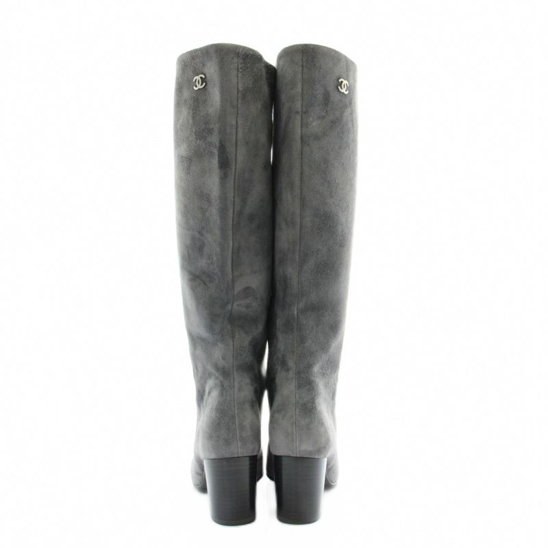 Chanel Long Boots Suede Round Toe Chunky Heel CC Logo 35.5