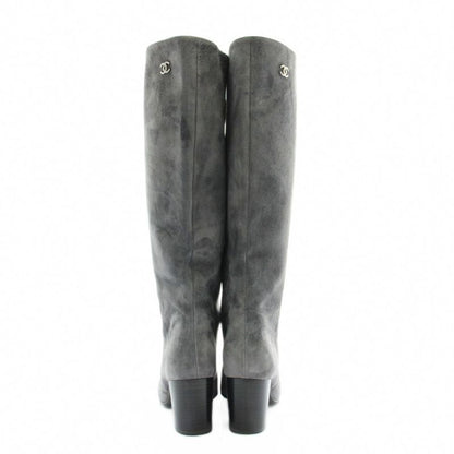 Chanel Long Boots Suede Round Toe Chunky Heel CC Logo 35.5