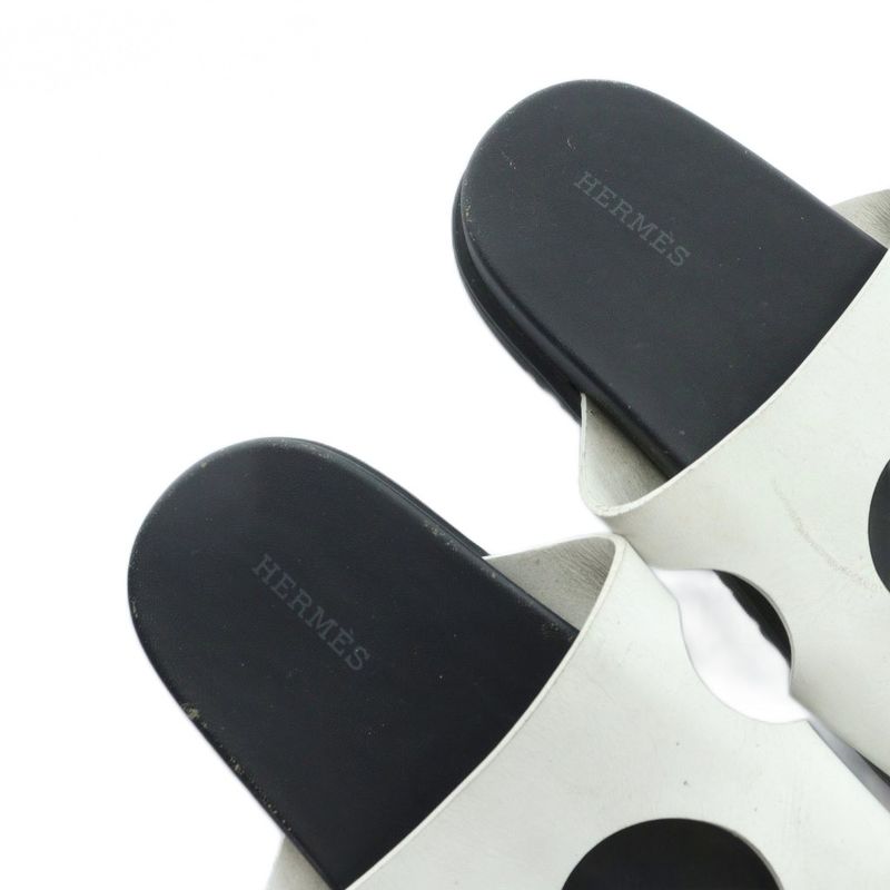 Hermes Edit Slide Sandals Flat Logo Leather 36 White Black