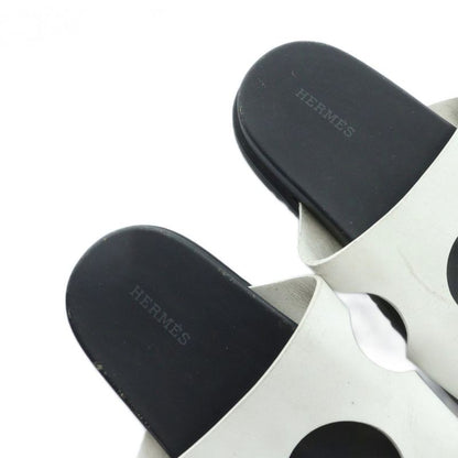 Hermes Edit Slide Sandals Flat Logo Leather 36 White Black