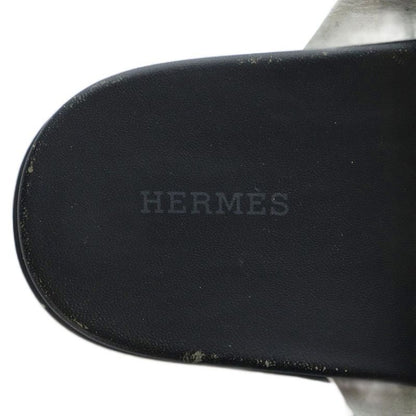 Hermes Edit Slide Sandals Flat Logo Leather 36 White Black