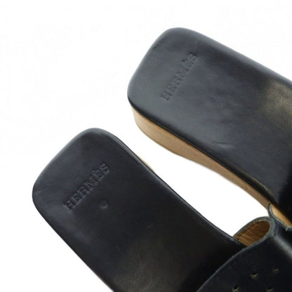 Hermes Evelyne Wood Sandals Mule Perforated Logo 36 Black