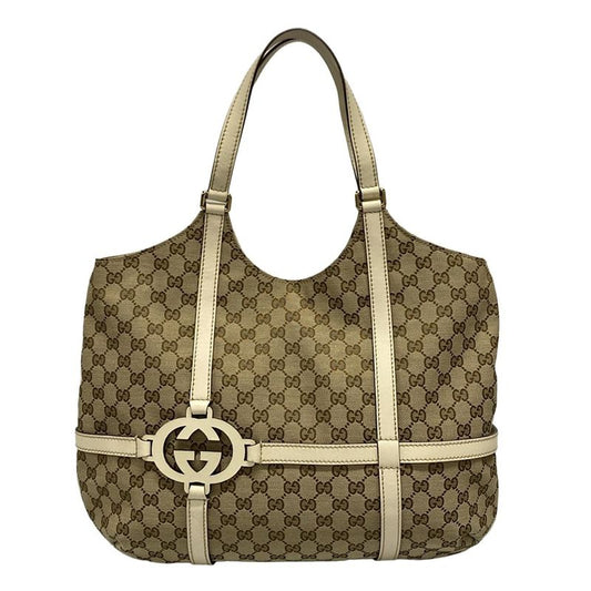 Gucci Tote GG Pattern Beige Dark Brown White Leather