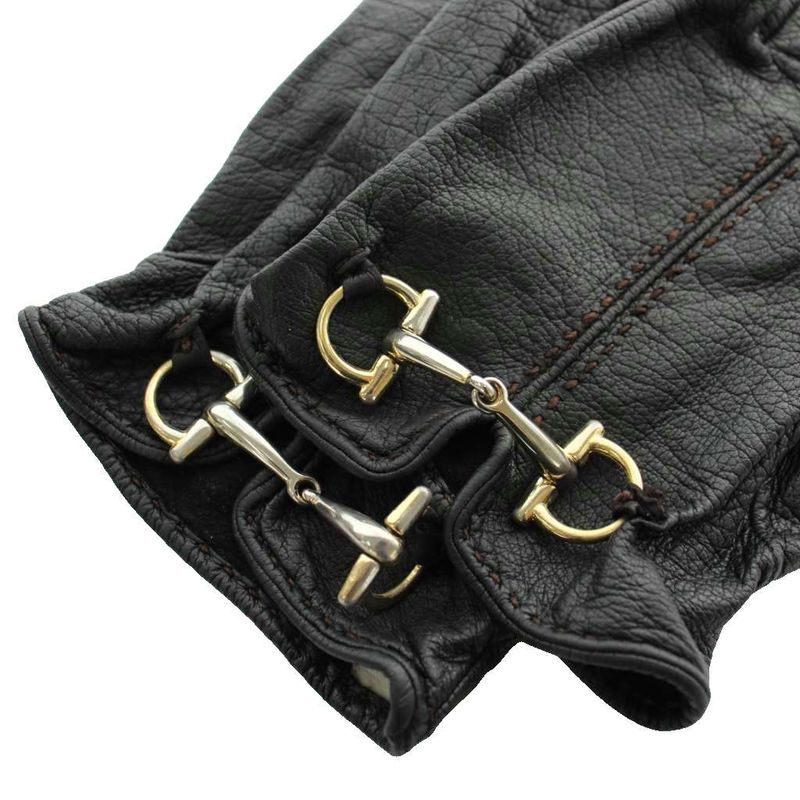 Gucci Gloves 5 Fingers Leather Horsebit Gold Black