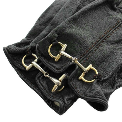 Gucci Gloves 5 Fingers Leather Horsebit Gold Black
