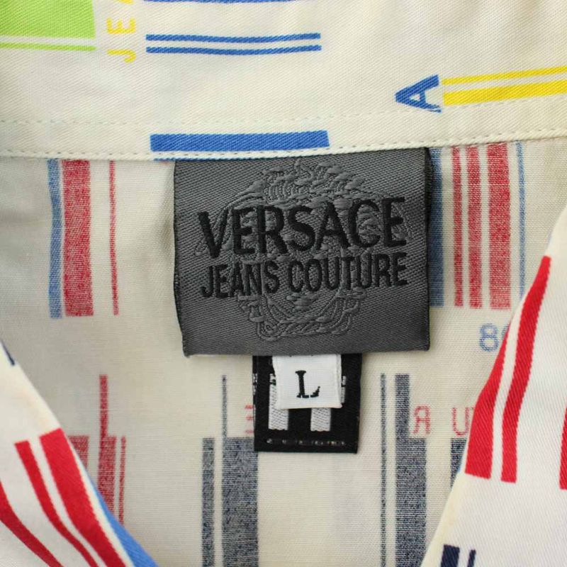 Versace Jeans Couture Shirt L White Multicolor Short Sleeve Barcode Pattern