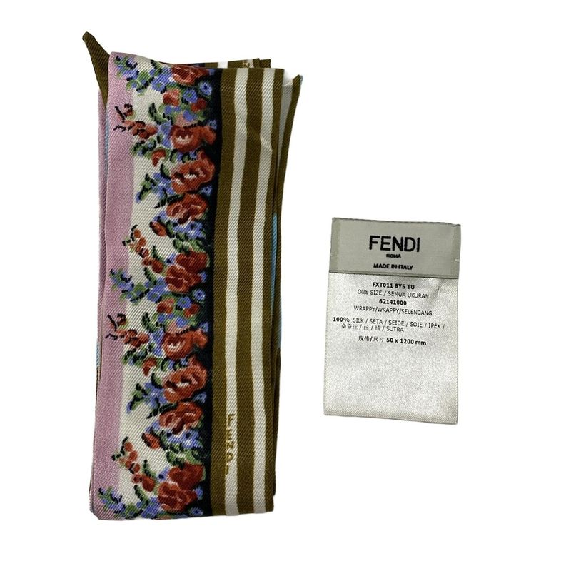 Fendi Scarf Light Blue Pink Multi Ribbon Floral Pattern Silk