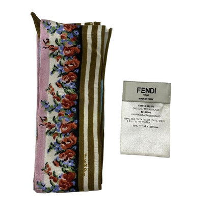Fendi Scarf Light Blue Pink Multi Ribbon Floral Pattern Silk