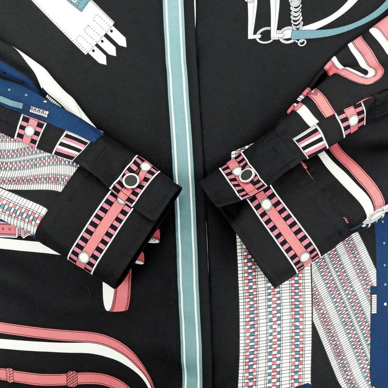 Hermes Blouse Silk Black White Blue Pink 36 Long Sleeve