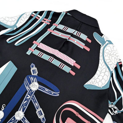 Hermes Blouse Silk Black White Blue Pink 36 Long Sleeve