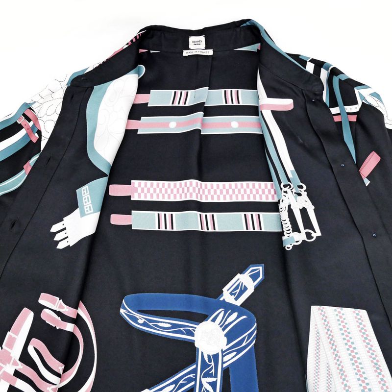 Hermes Blouse Silk Black White Blue Pink 36 Long Sleeve