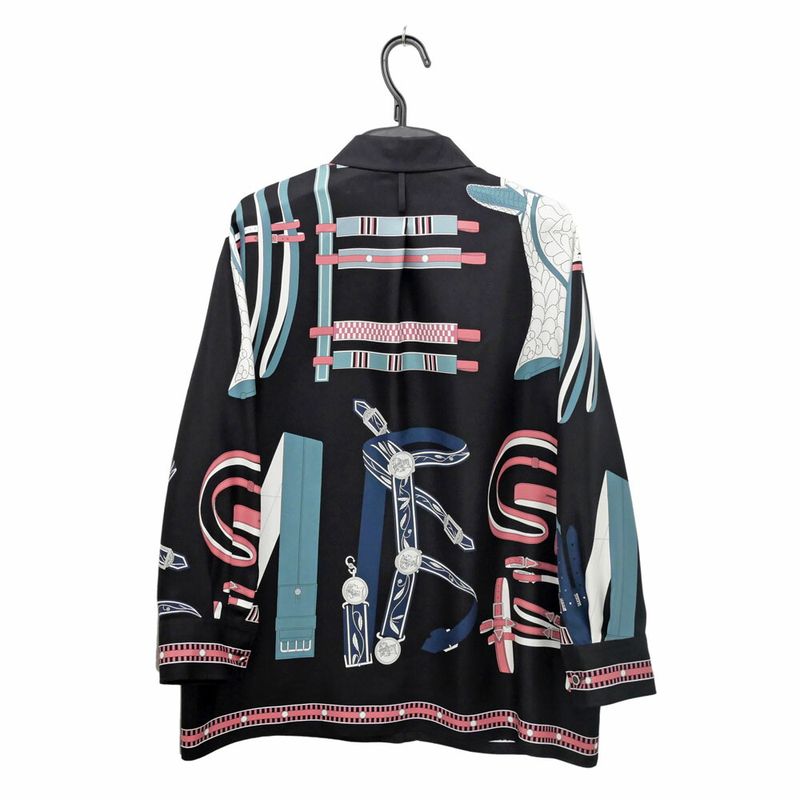 Hermes Blouse Silk Black White Blue Pink 36 Long Sleeve