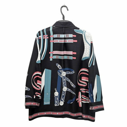 Hermes Blouse Silk Black White Blue Pink 36 Long Sleeve