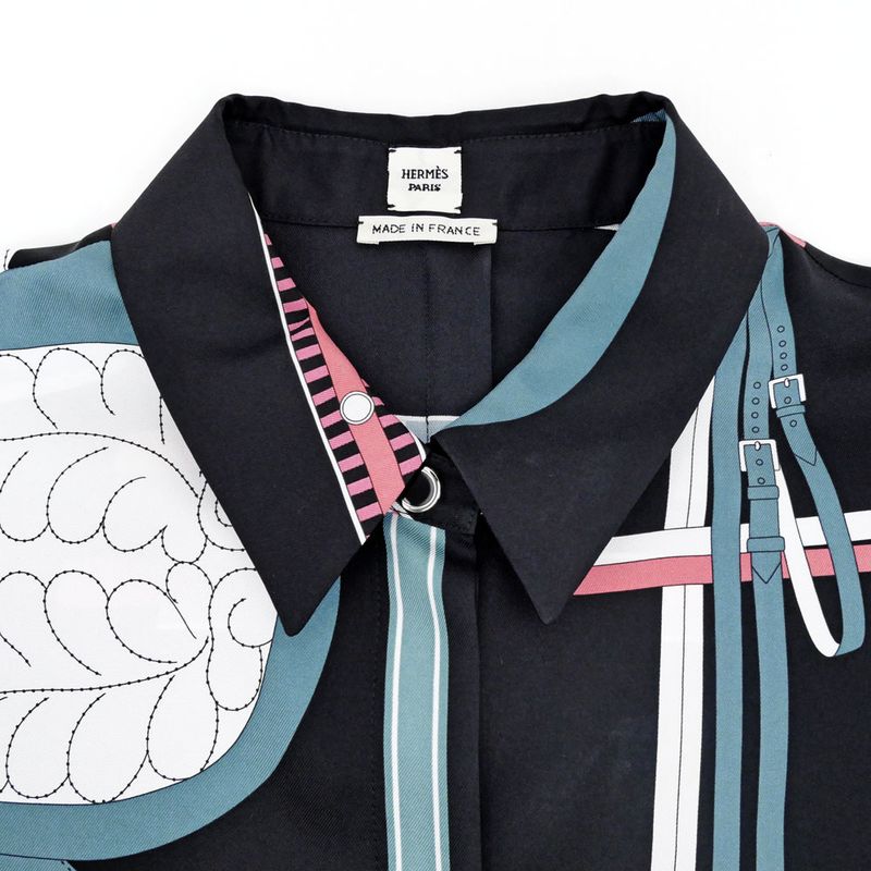 Hermes Blouse Silk Black White Blue Pink 36 Long Sleeve