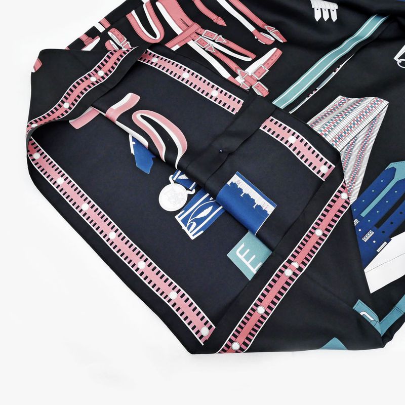 Hermes Blouse Silk Black White Blue Pink 36 Long Sleeve