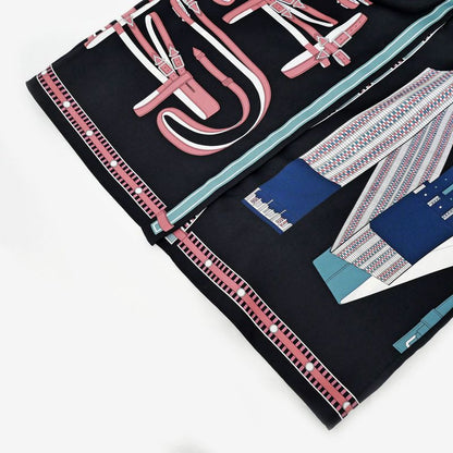 Hermes Blouse Silk Black White Blue Pink 36 Long Sleeve