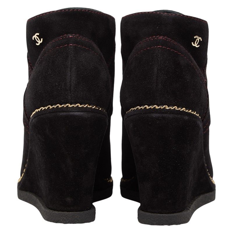 Chanel CC Logo Short Boots Wedge Sole Brown Purple