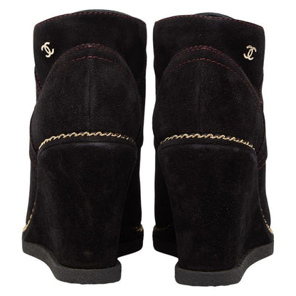 Chanel CC Logo Short Boots Wedge Sole Brown Purple