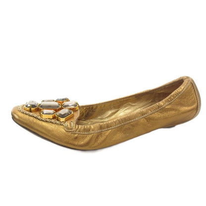 Prada Ballet Shoes Flat Visual Cut Stone 37 Gold Color Golden Golden Ff