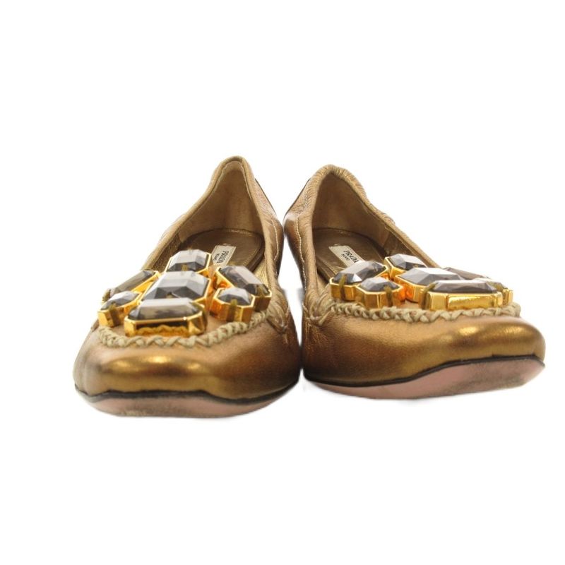 Prada Ballet Shoes Flat Visual Cut Stone 37 Gold Color Golden Golden Ff