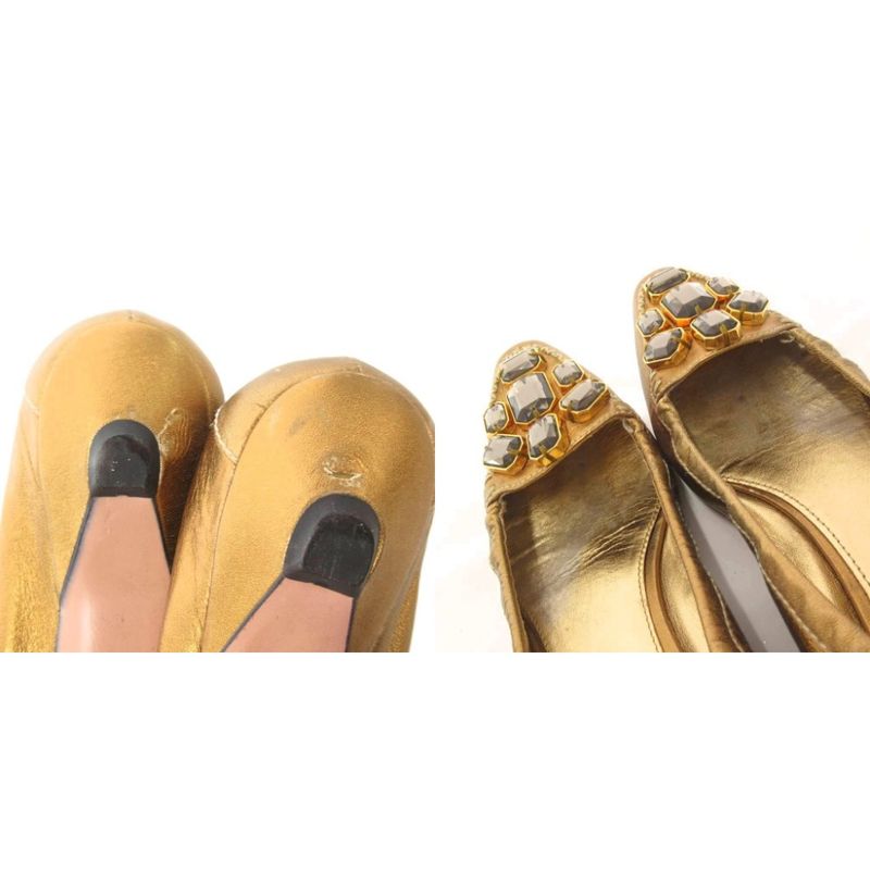 Prada Ballet Shoes Flat Visual Cut Stone 37 Gold Color Golden Golden Ff