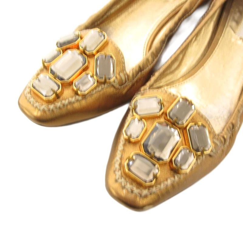 Prada Ballet Shoes Flat Visual Cut Stone 37 Gold Color Golden Golden Ff