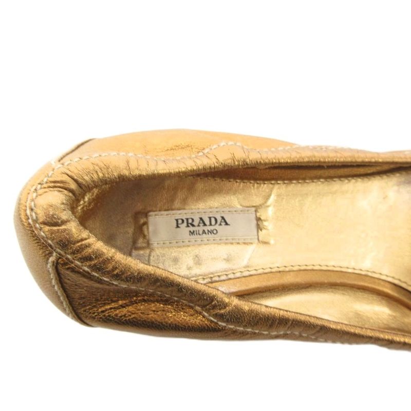 Prada Ballet Shoes Flat Visual Cut Stone 37 Gold Color Golden Golden Ff