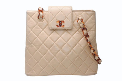 Chanel Chain Bag CC Logo Lambskin Beige Brown Tortoiseshell Pattern